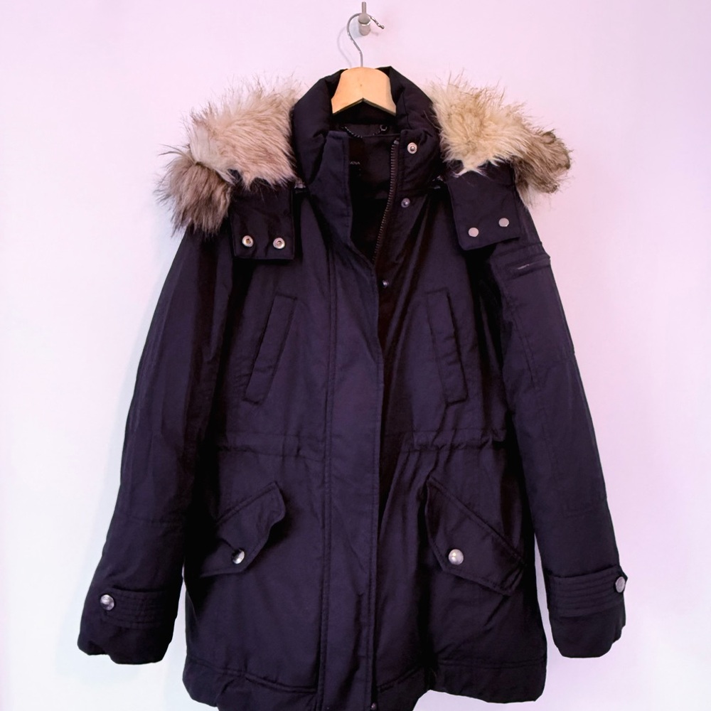 Banana Republic Black Puffer Jacket with Fur-Trimmed Hood